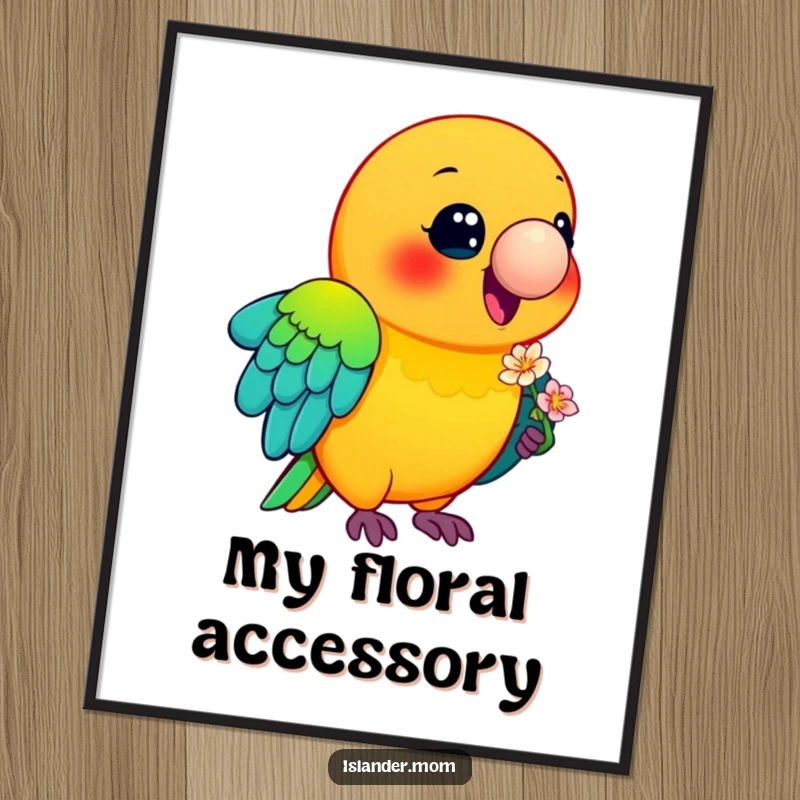 Funny Parrot Digital Art Print: A smiling parrot with a dazzling array of colorful feathers holds a small flower, embodying tropical charm.