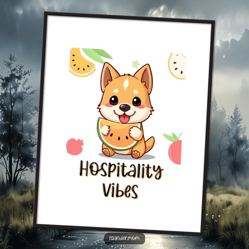 Funny tropical fruit dog digital art print showing a welcoming dog offering fruit, perfect for instant wall decor.