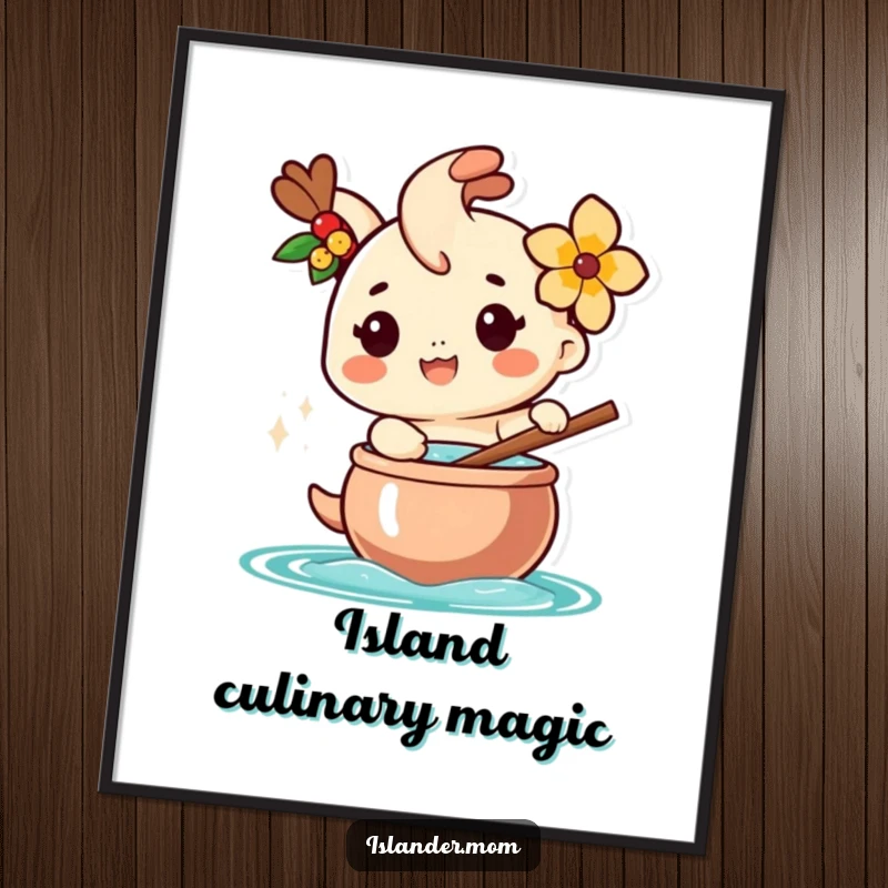 Funny digital art print of a happy islander character with a flower, cheerfully stirring a large pot, bringing island cooking humor.
