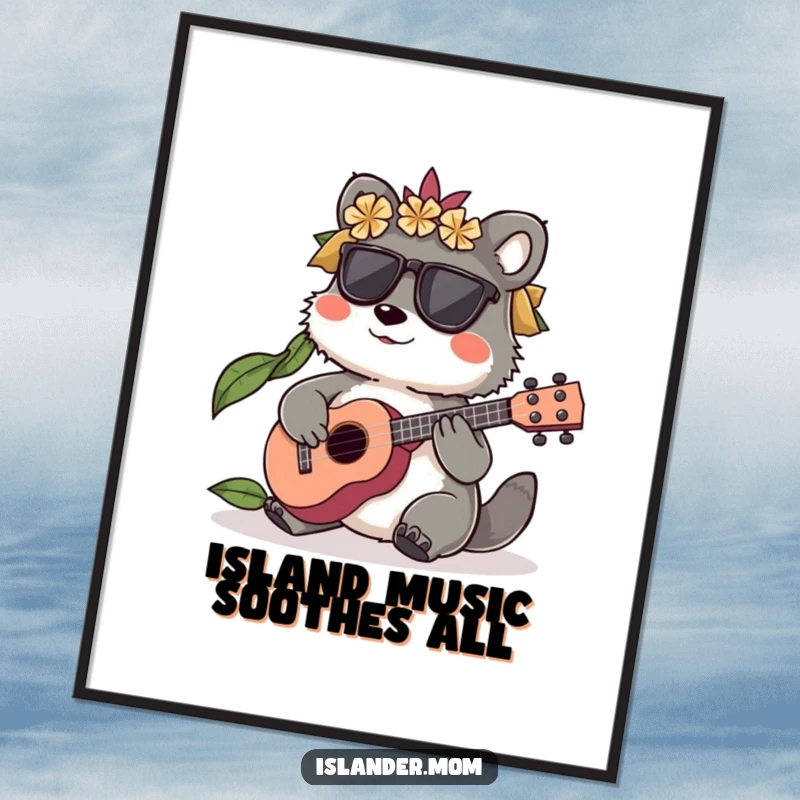 Funny Islander Animal Digital Art Print featuring a character playing a small ukulele, bringing instant musical vibes, a funny gift.