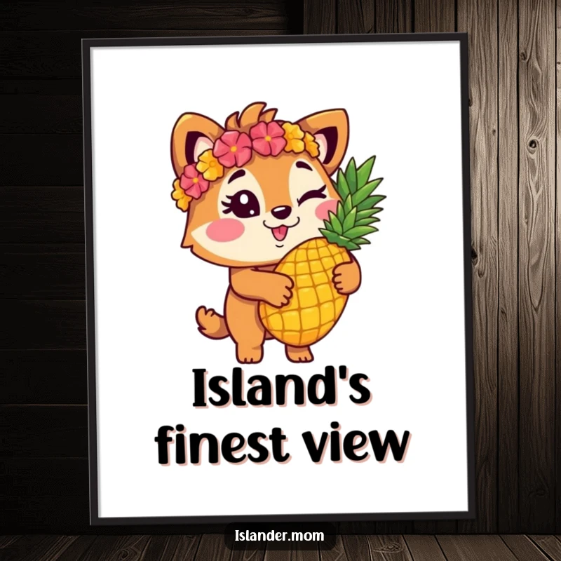 Funny islander animal character winking while holding a pineapple, printable digital art for humorous tropical wall decor.