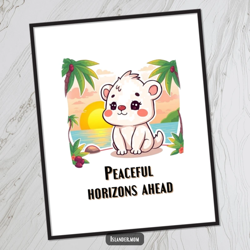 Funny digital art print of a kawaii islander animal peacefully observing a vibrant and calming sunset.