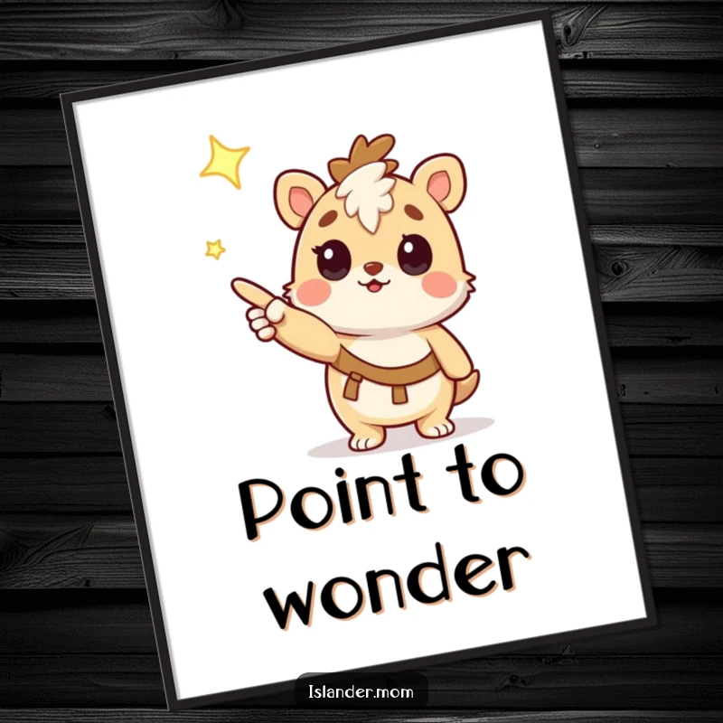 Funny Digital Art Print: Charming kawaii islander animal character pointing at a shining star, embodying curiosity and wonder.