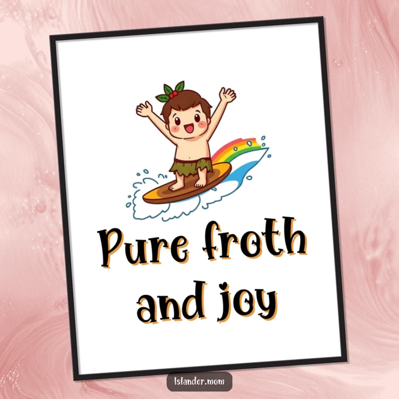 Funny kawaii islander character captured mid-air, surfing a spectacular rainbow wave with arms thrown up in sheer delight, digital art.