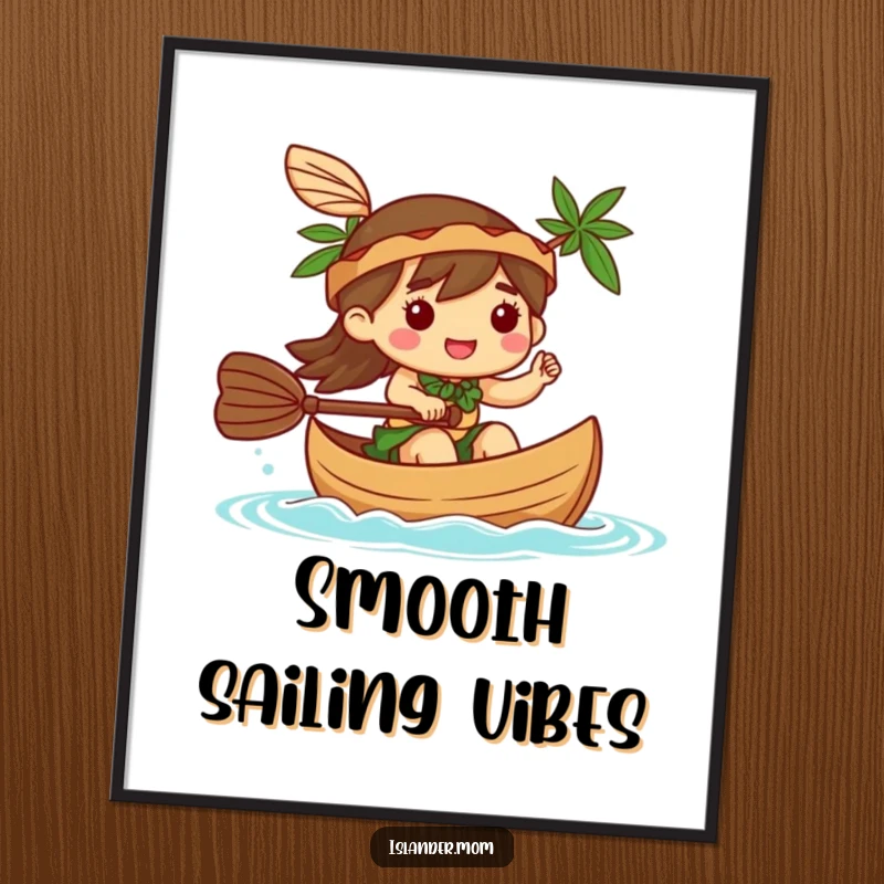 Funny Digital Art Print: A kawaii islander character happily paddles a canoe, capturing a moment of serene island adventure.
