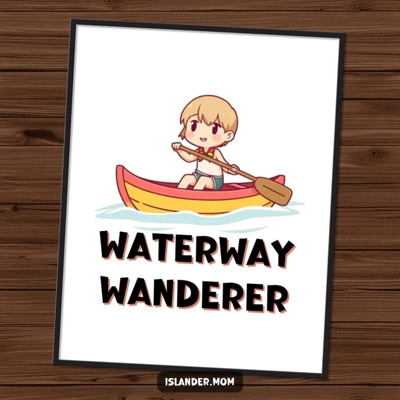 Funny digital art of a character joyfully paddling a small, colorful outrigger canoe on calm water, evoking peace and happiness.