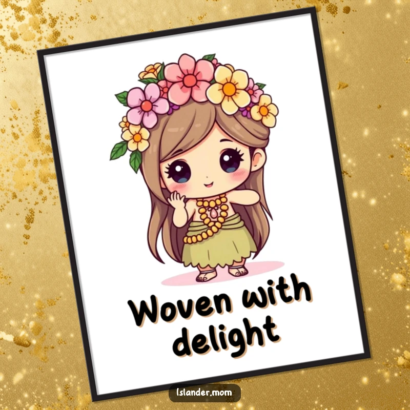 Funny kawaii islander character with intense focus, weaving a delicate flower crown, captured in a digital art print.