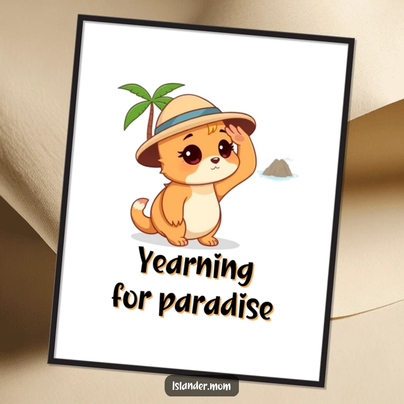 Funny Islander Mom Digital Art Print, high-quality humorous artwork of an islander mom shading her eyes and looking at a distant island.