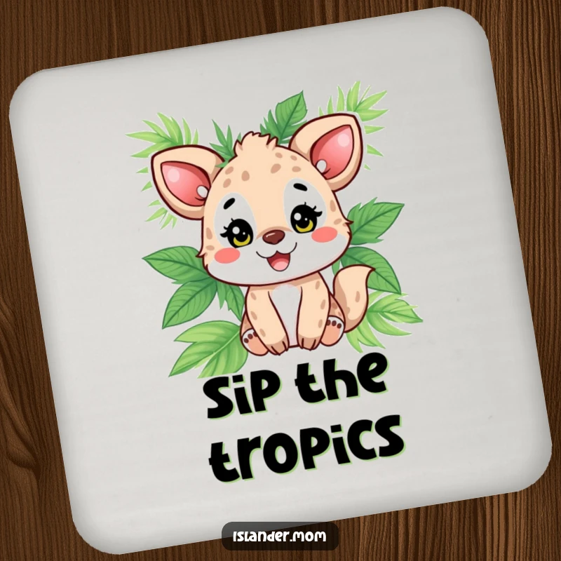 Funny animal character beaming happily, adorned with palm leaves, a humorous and protective drink coaster for any tabletop.