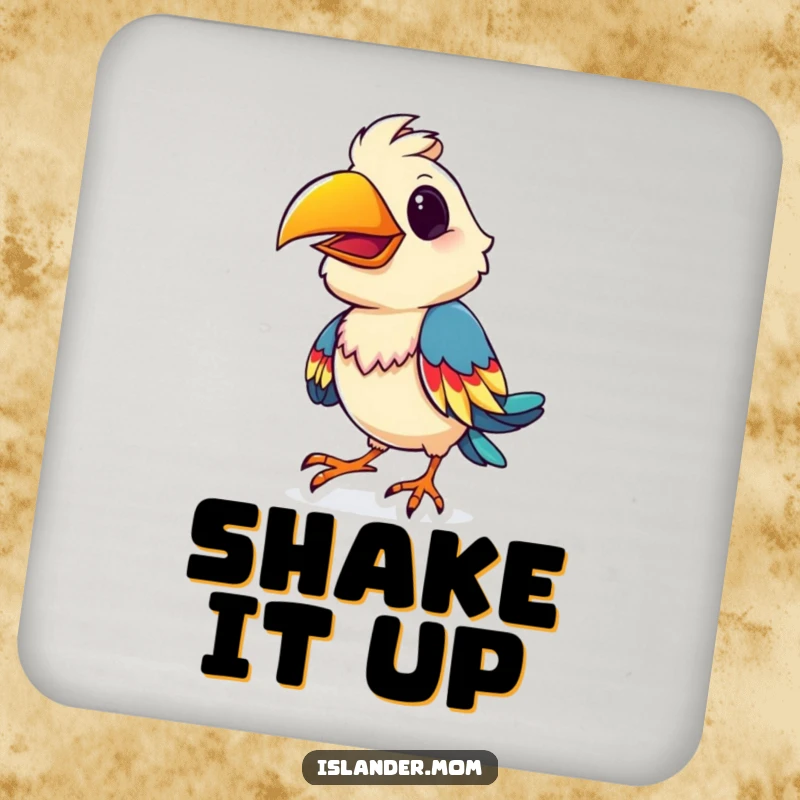 Funny playful bird drink coaster, showing a bird doing a colorful shimmy, adding tropical humor to table settings.