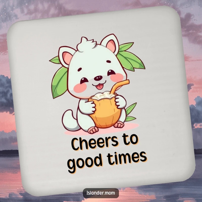 Funny drink coaster featuring a kawaii islander animal with a happy grin sharing a coconut drink.
