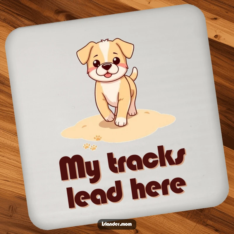 Funny dog drink coaster with a design of paw prints left in wet sand on a beach, adding a touch of the coast.