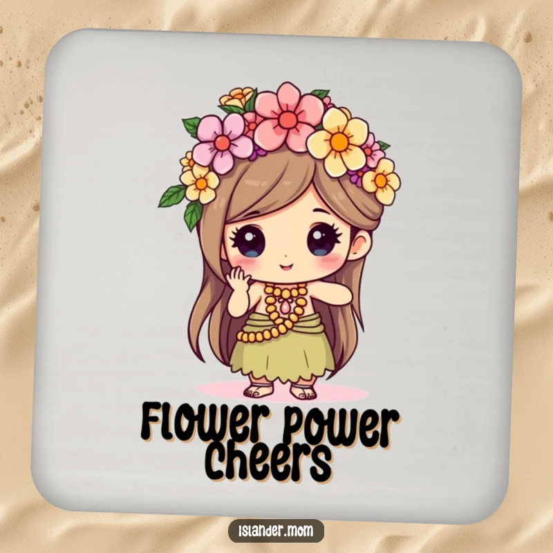 Funny kawaii islander character intently weaving a flower crown, designed on protective drink coasters for art lovers.