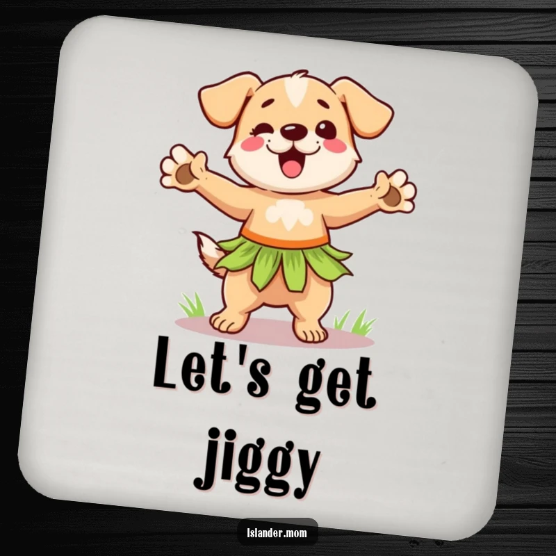 Funny hula dog coasters featuring a dancing dog in a grass skirt, protecting surfaces with tropical party charm.