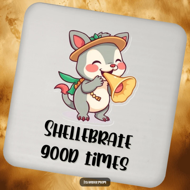 Funny Islander Animal Drink Coasters featuring a character playfully blowing a conch shell, adding tropical flair, a funny gift.