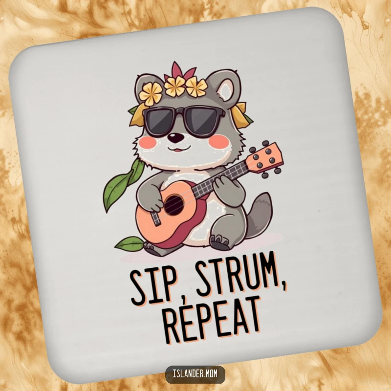 Funny Islander Animal Drink Coasters featuring a character playing a small ukulele, adding musical flair, a funny gift.
