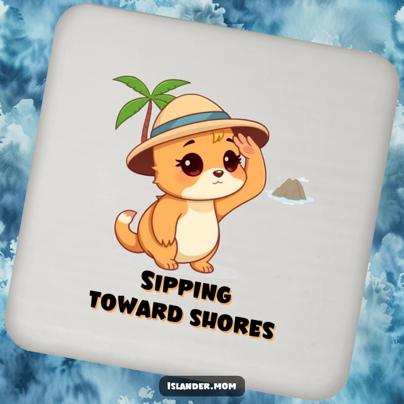 Funny Islander Mom Coaster, protecting surfaces with an islander mom shading her eyes and looking at a distant island, a fun drink accessory.