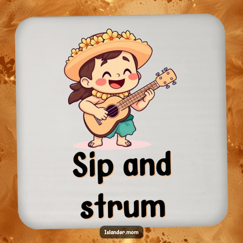 Funny Coaster Set with a smiling islander playing a ukulele, perfect for adding a cheerful musical touch to any table.