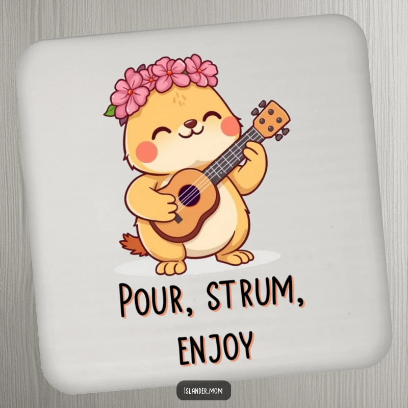 Funny drink coaster with a cute kawaii islander animal happily strumming a miniature ukulele.