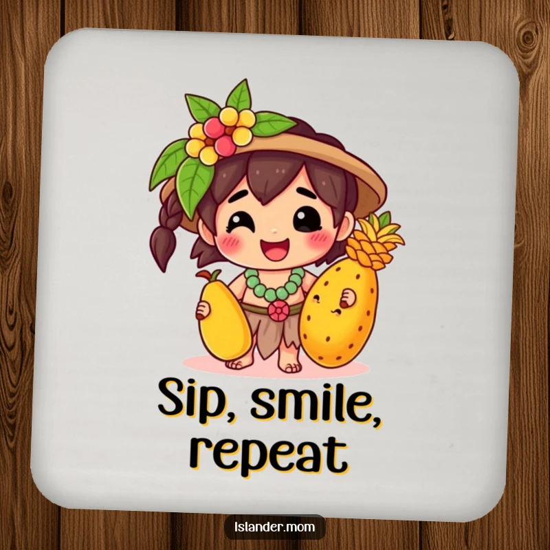 Funny Drink Coasters: A kawaii islander character happily presents a tropical fruit, adding a touch of cheerful island art to any drink.