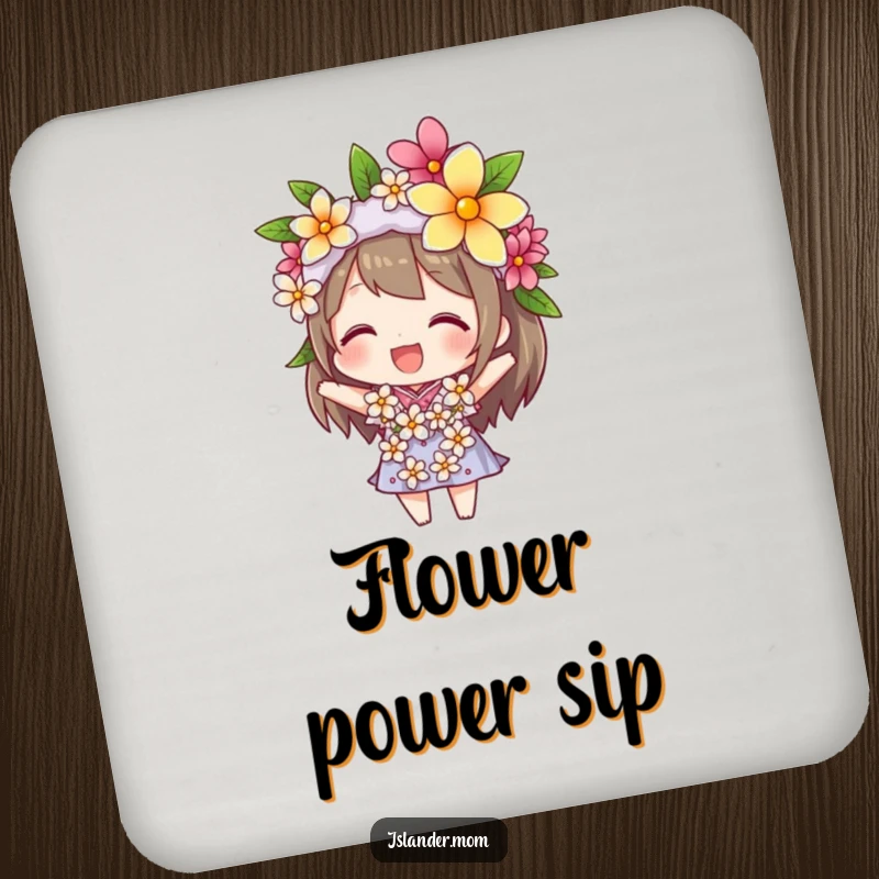 Funny drink coaster featuring a character balancing a flower lei on their head, adding a tropical and humorous touch to any surface.