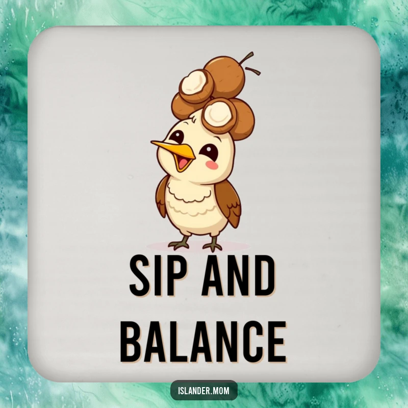 Funny Mama Bird Coconut Head Coaster: A mama bird giggles balancing a pile of coconuts on its head.