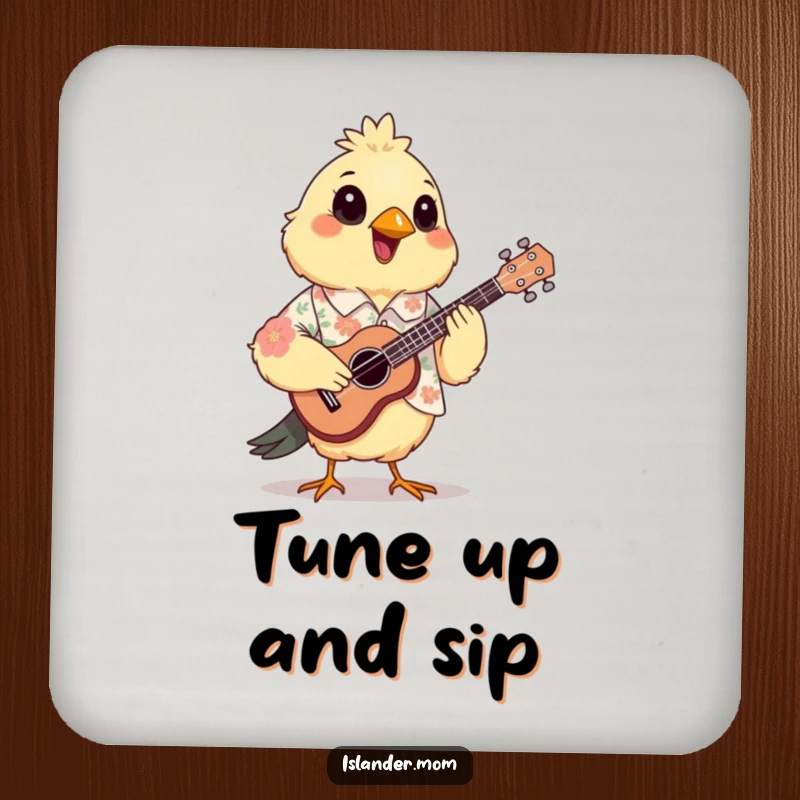 Funny Mama Bird Ukulele Coaster: A mama bird in a floral shirt joyfully plays a small ukulele.