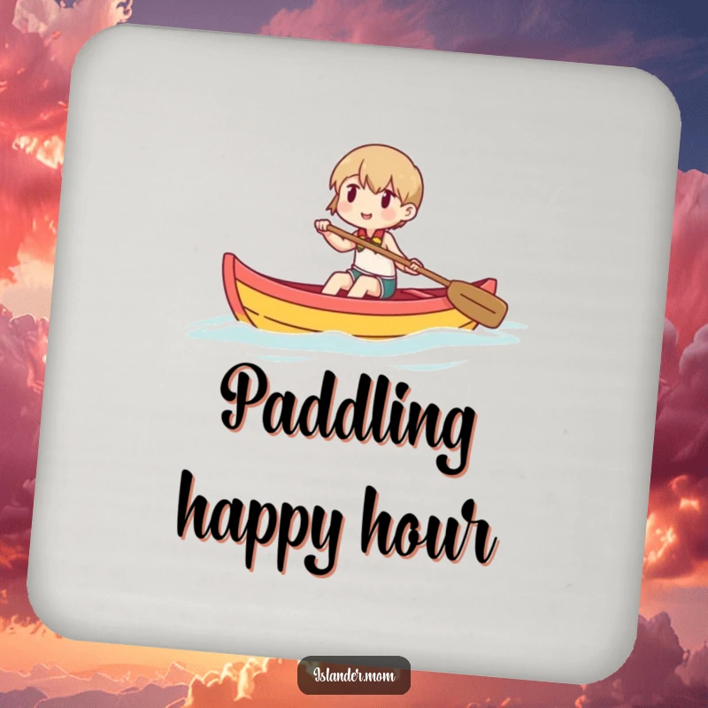 Funny drink coaster set showing a character happily paddling a colorful outrigger canoe, perfect for adding a touch of adventure.
