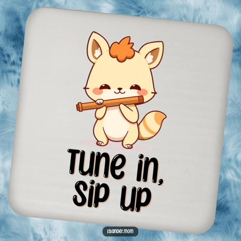 Funny spirited animal playing a flute with a wide grin, a humorous and protective drink coaster for any surface.