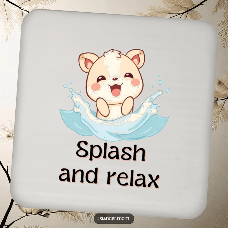Funny drink coaster featuring a joyful animal character splashing playfully in gentle waves, adding a touch of beach fun to beverages.
