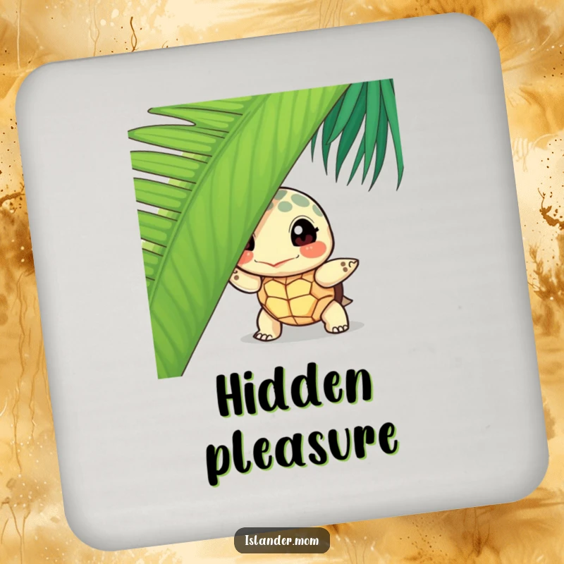 Funny curious turtle drink coaster, showing a turtle peeking from behind a palm leaf, adding tropical humor to table settings.