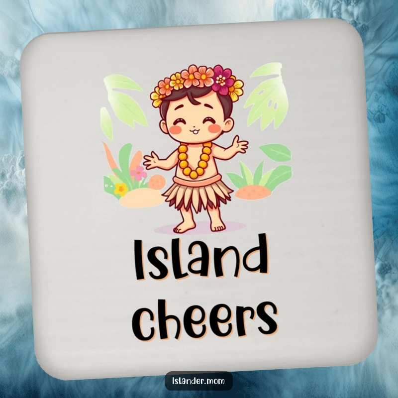 Funny drink coaster with a cute Kawaii islander character gracefully hula dancing, adding tropical humor and surface protection.