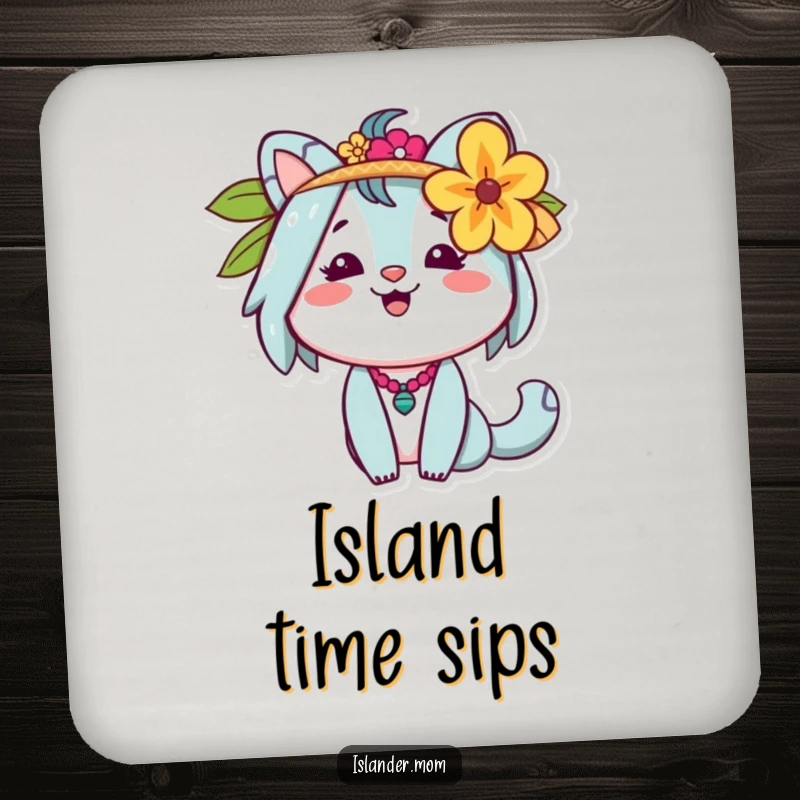 Funny Islander Mom Coaster featuring a cheerful animal mom with a flower behind her ear, a tropical accessory.