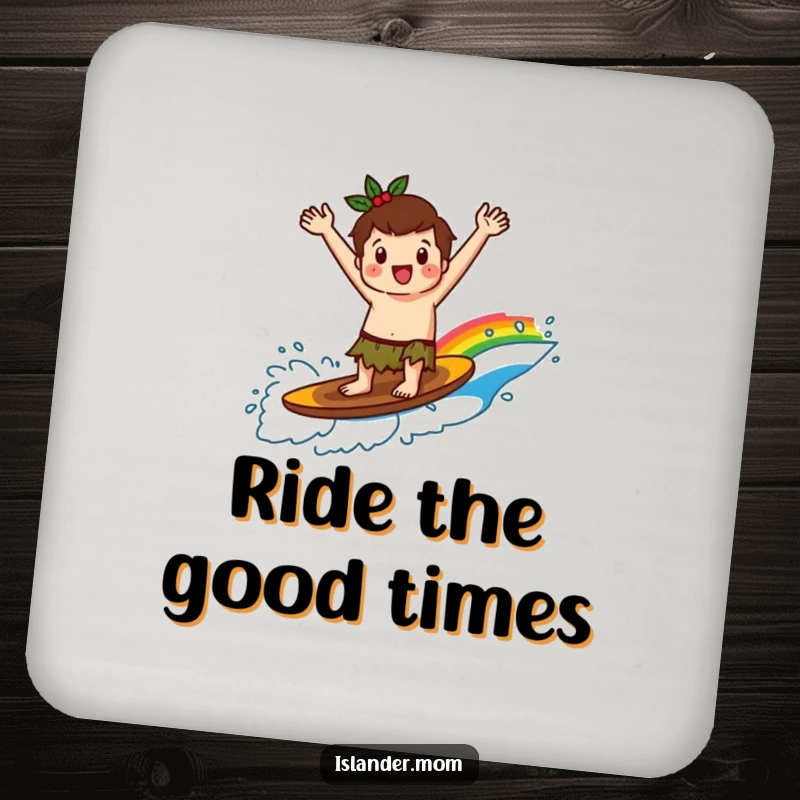 Funny kawaii islander character surfing a psychedelic rainbow wave, designed on protective drink coasters for a touch of joy.