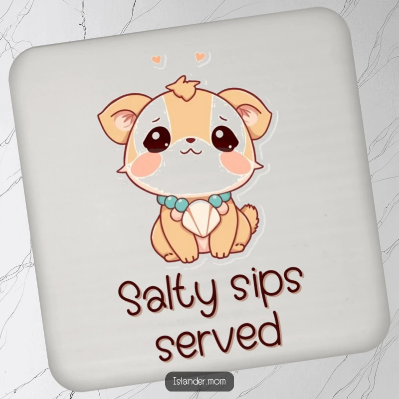 Funny animal character looking dreamily upwards, wearing a seashell necklace, a humorous and protective drink coaster for any surface.