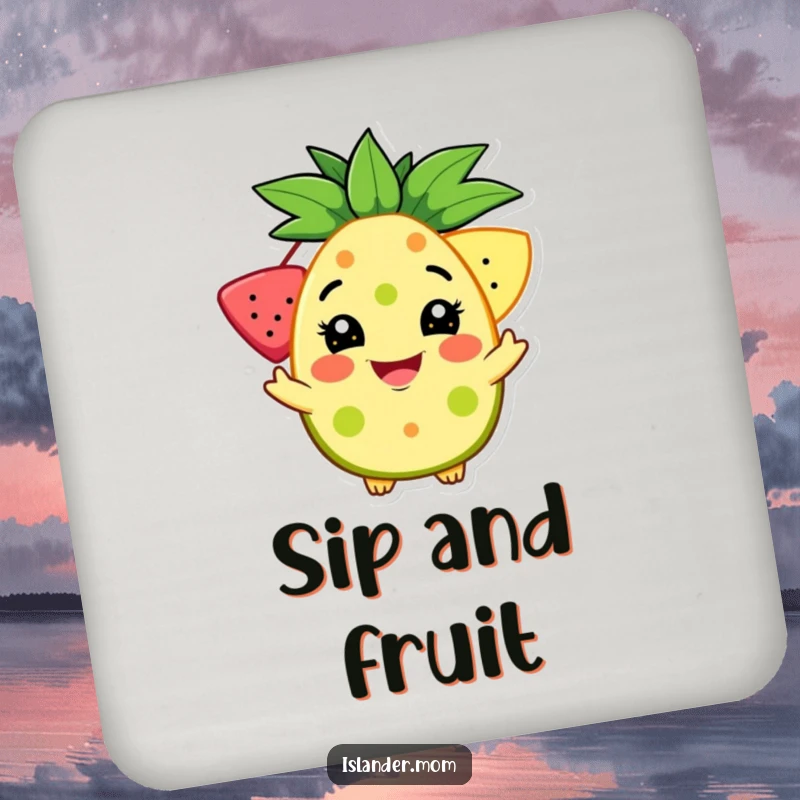 Funny drink coaster featuring a character with a welcoming grin offering a tropical fruit, adding a hospitable and humorous touch.