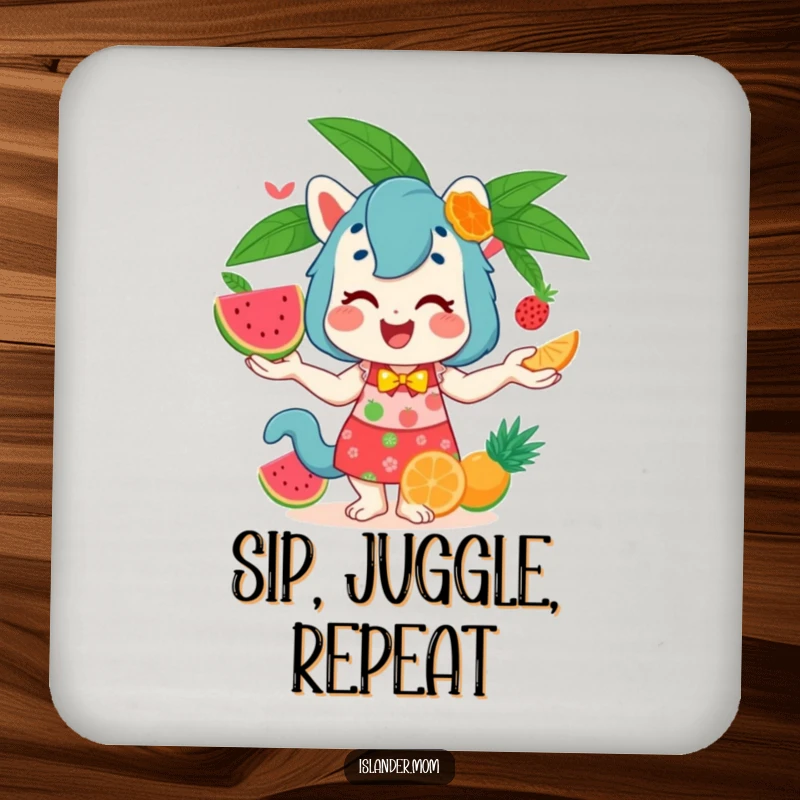 Funny Drink Coaster with an islander mom animal juggling a variety of tropical fruits, adding a humorous touch to any surface.