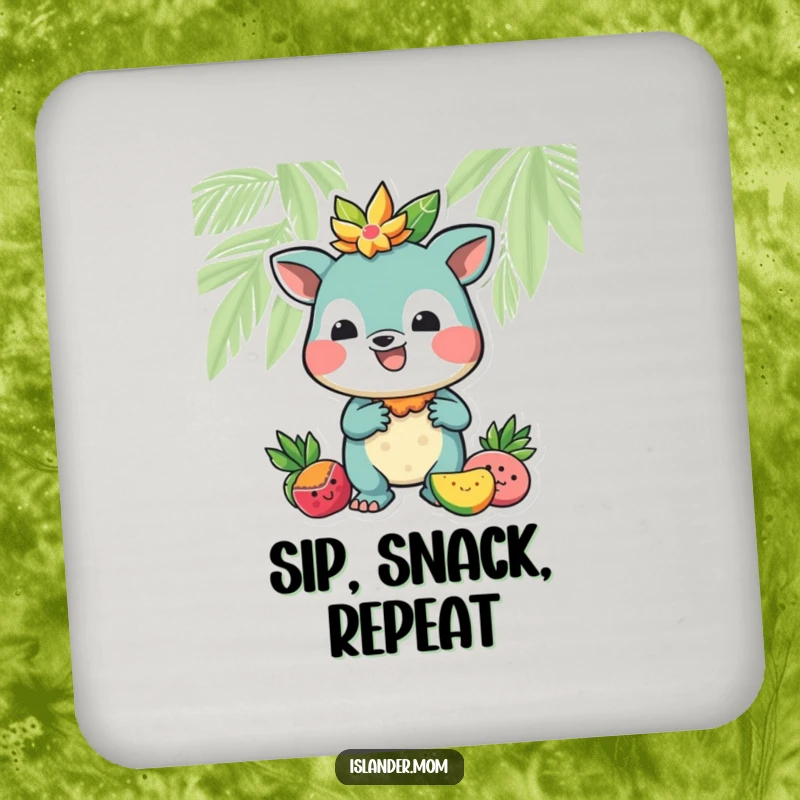 Funny drink coaster with a charming island animal character offering a tropical fruit, adding fun to drink service.