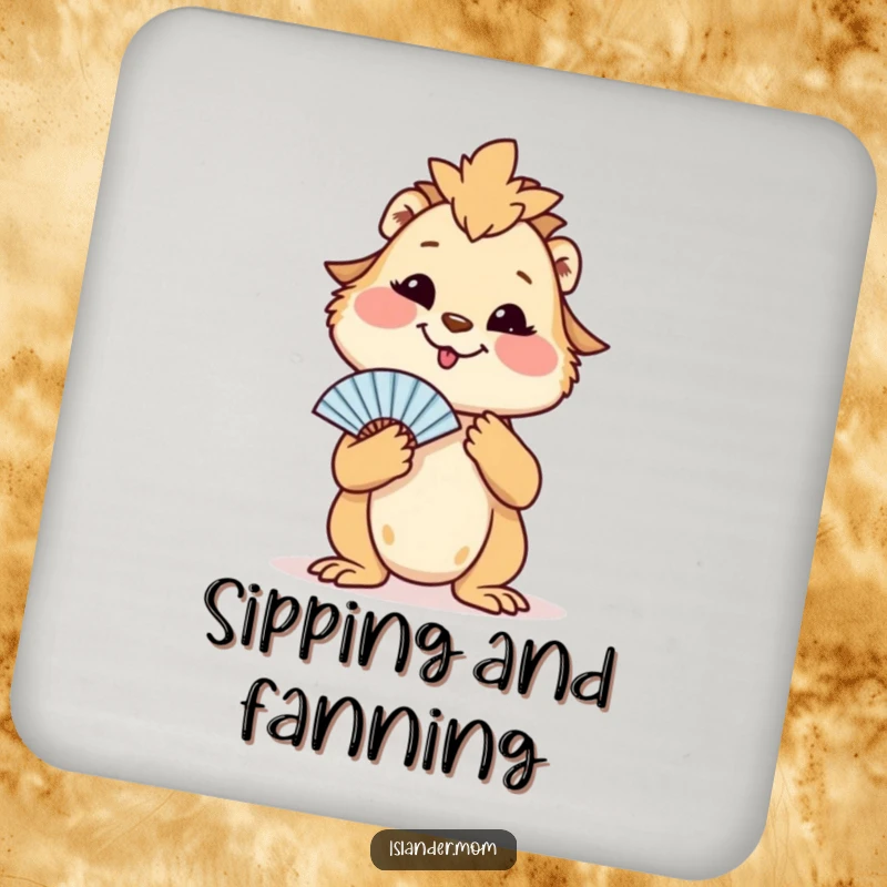 Funny drink coaster set featuring an islander mom animal fanning herself, providing a humorous tropical touch to tabletops.