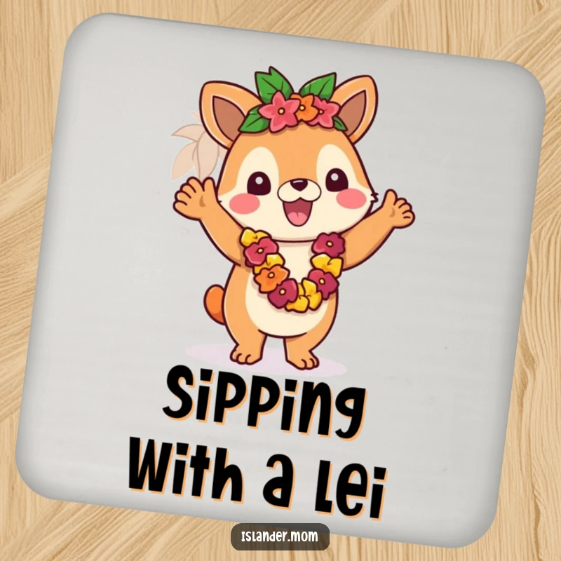 Funny drink coasters with an islander animal waving a lei, protecting surfaces with a warm tropical welcome.