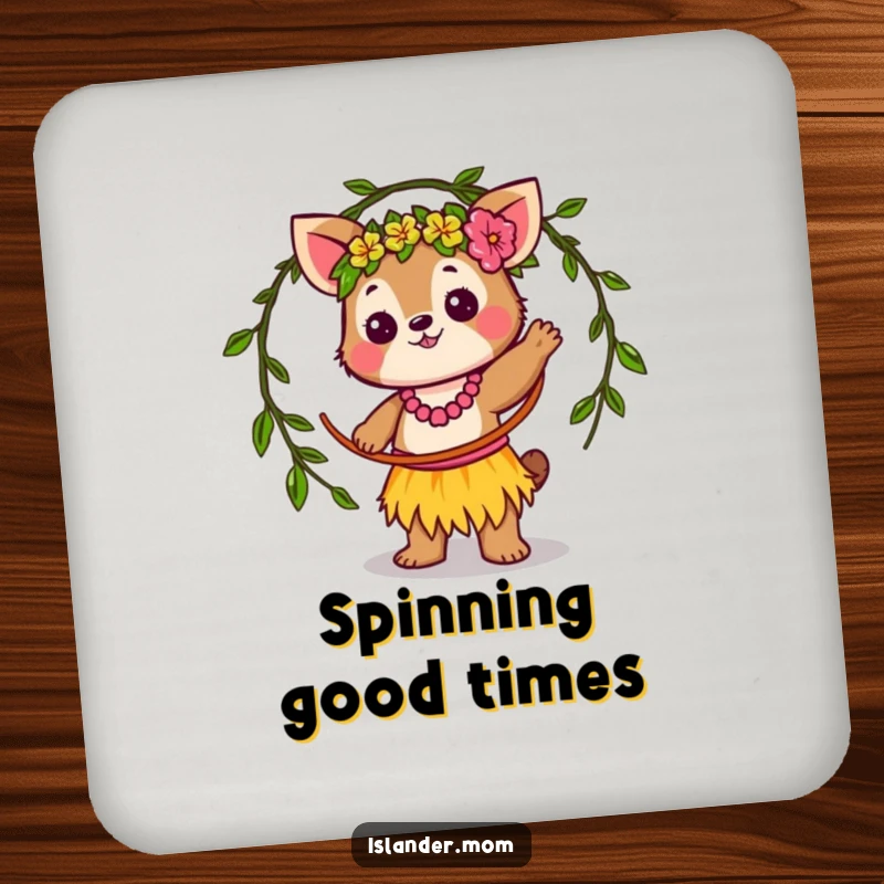 Funny Coasters: Cute kawaii islander animal character twirling a vine hula hoop, adding a humorous tropical flair to surfaces.