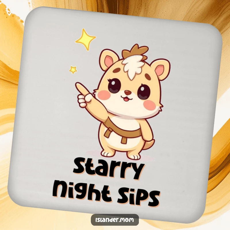 Funny Coasters: Cute kawaii islander animal character pointing at a shining star, adding humorous cosmic flair to tables.