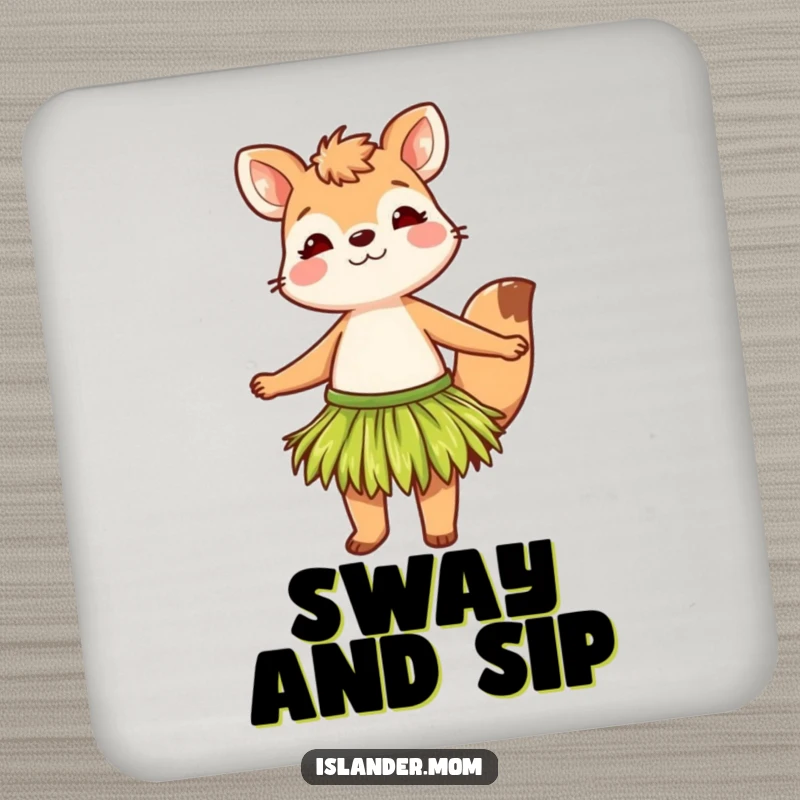 Funny drink coaster featuring a grass skirt animal character in a rhythmic sway, adding a touch of tropical amusement to drinks.