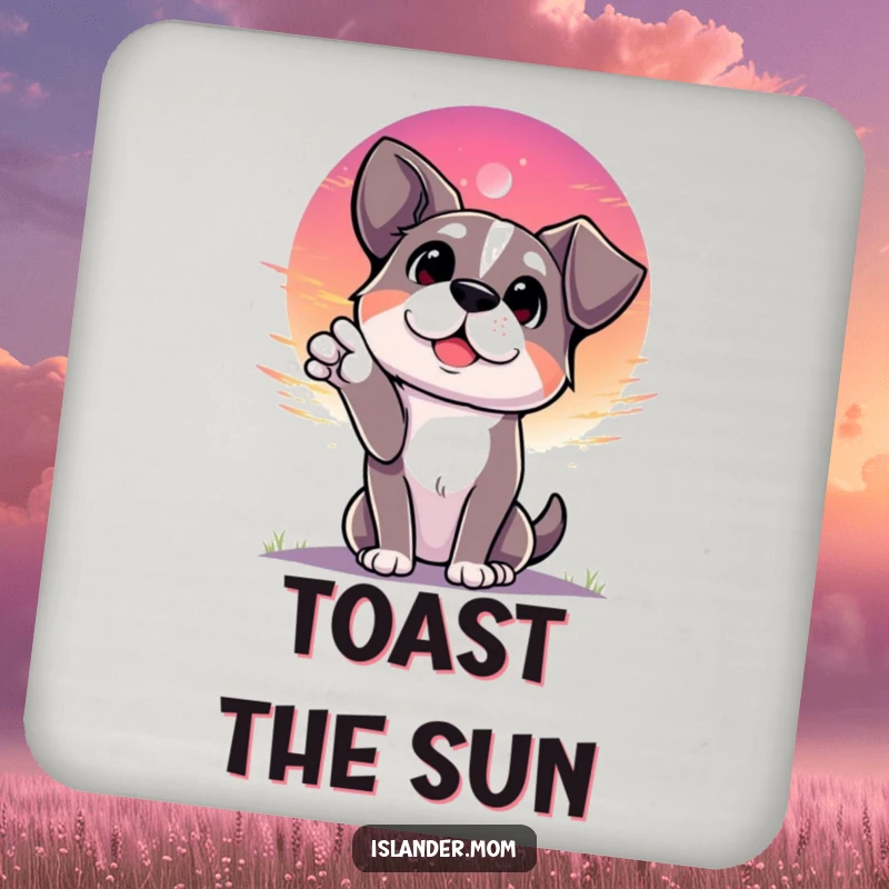 Funny dog looking towards a vibrant sunset with eyes full of wonder, protective drink coaster, scenic home decor.