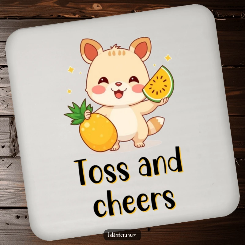 Funny drink coaster featuring an animal character juggling tropical fruits, adding a touch of skill and humor to any beverage.