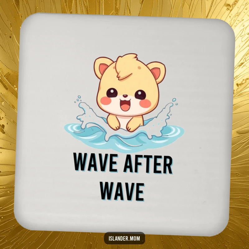 Funny drink coasters with an islander animal character splashing in waves, protecting surfaces with beach flair.