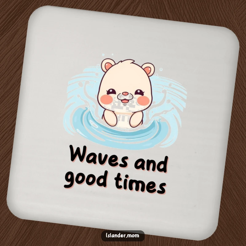 Funny Drink Coaster with an islander mom animal splashing playfully in gentle ocean waves, adding beach flair.