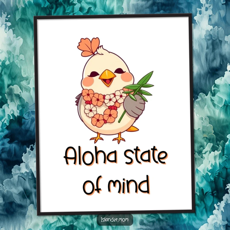 Funny Mama Bird Lei Poster: A round, happy mama bird wearing a lei fans herself with a palm leaf.