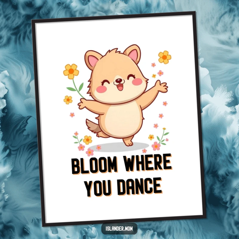 Funny Poster: Artistic print of a kawaii islander animal dancing energetically among flowers, adding vibrant and humorous decor.