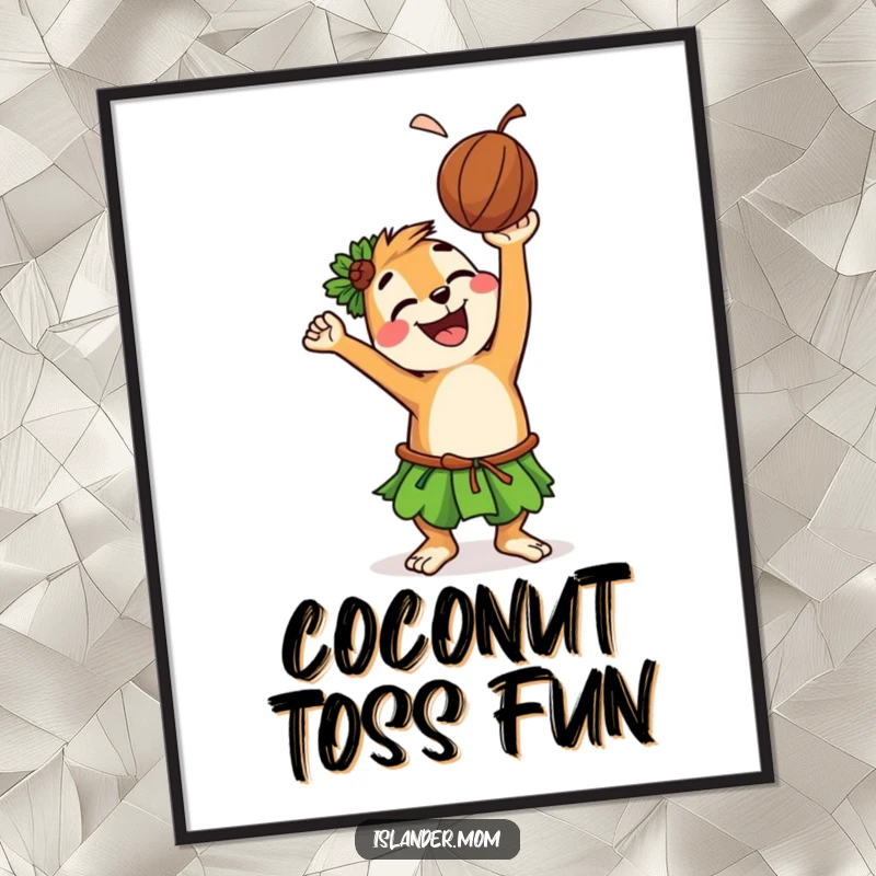 Funny poster art of a grinning islander animal character tossing a coconut in the air, capturing the carefree joy of island playfulness.